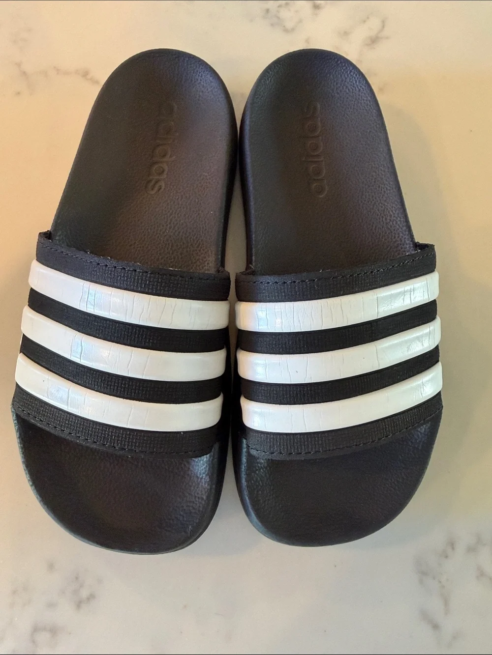 adidas Black Slide Sandals with White Stripes - Kids size 2